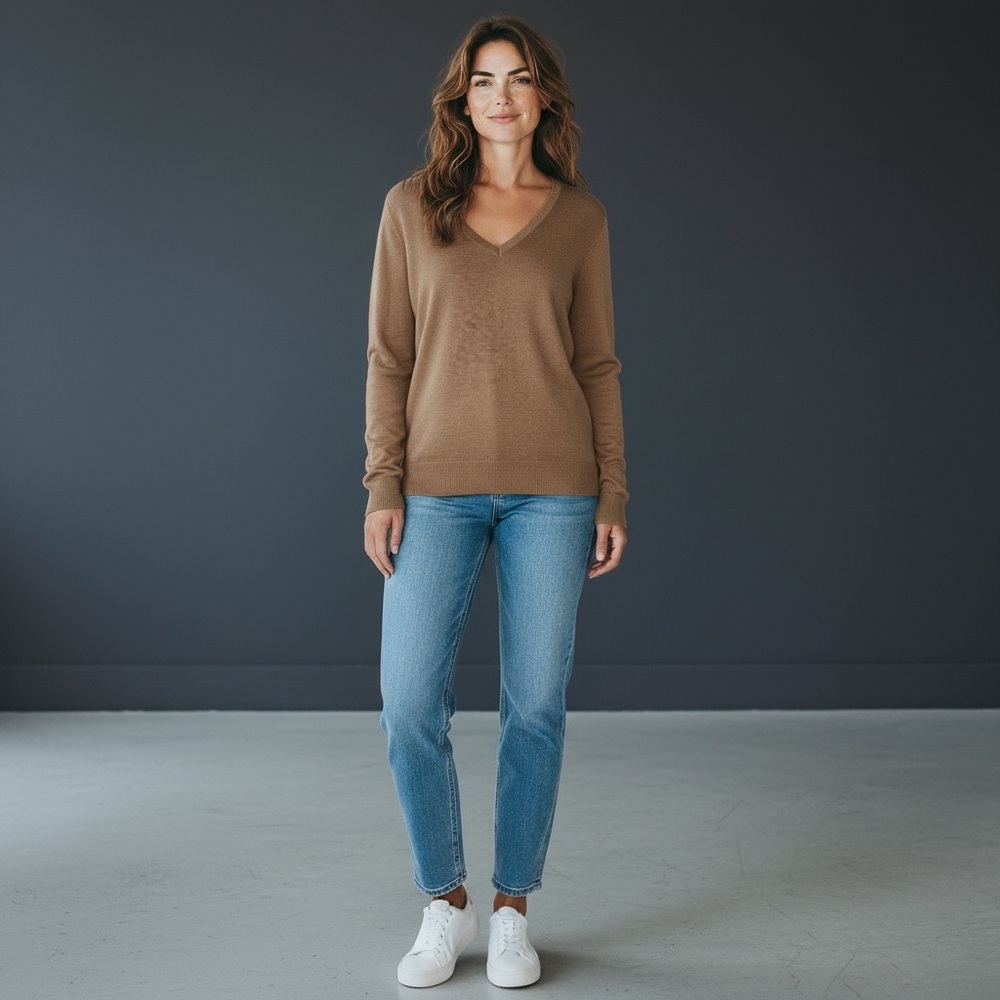 💚 NWT Amazon Essentials Tan Lightweight V-Neck Sweater - Size M
